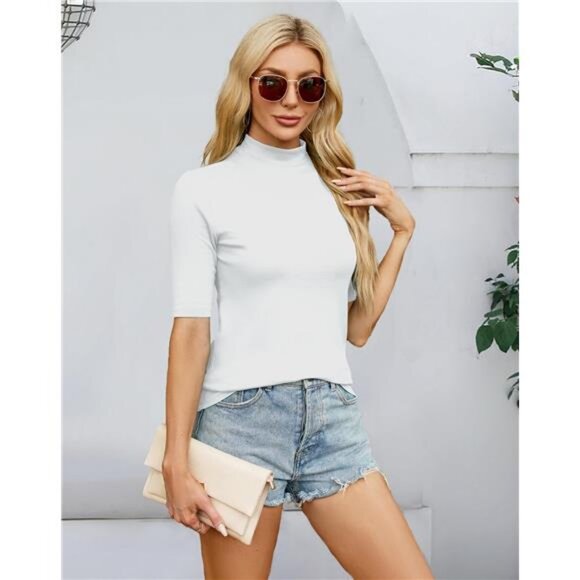 Women Tops Half Sleeve Mock Turtleneck Tee Shirts Slim Fit Basic Shirt Blouses - Picture 4 of 7